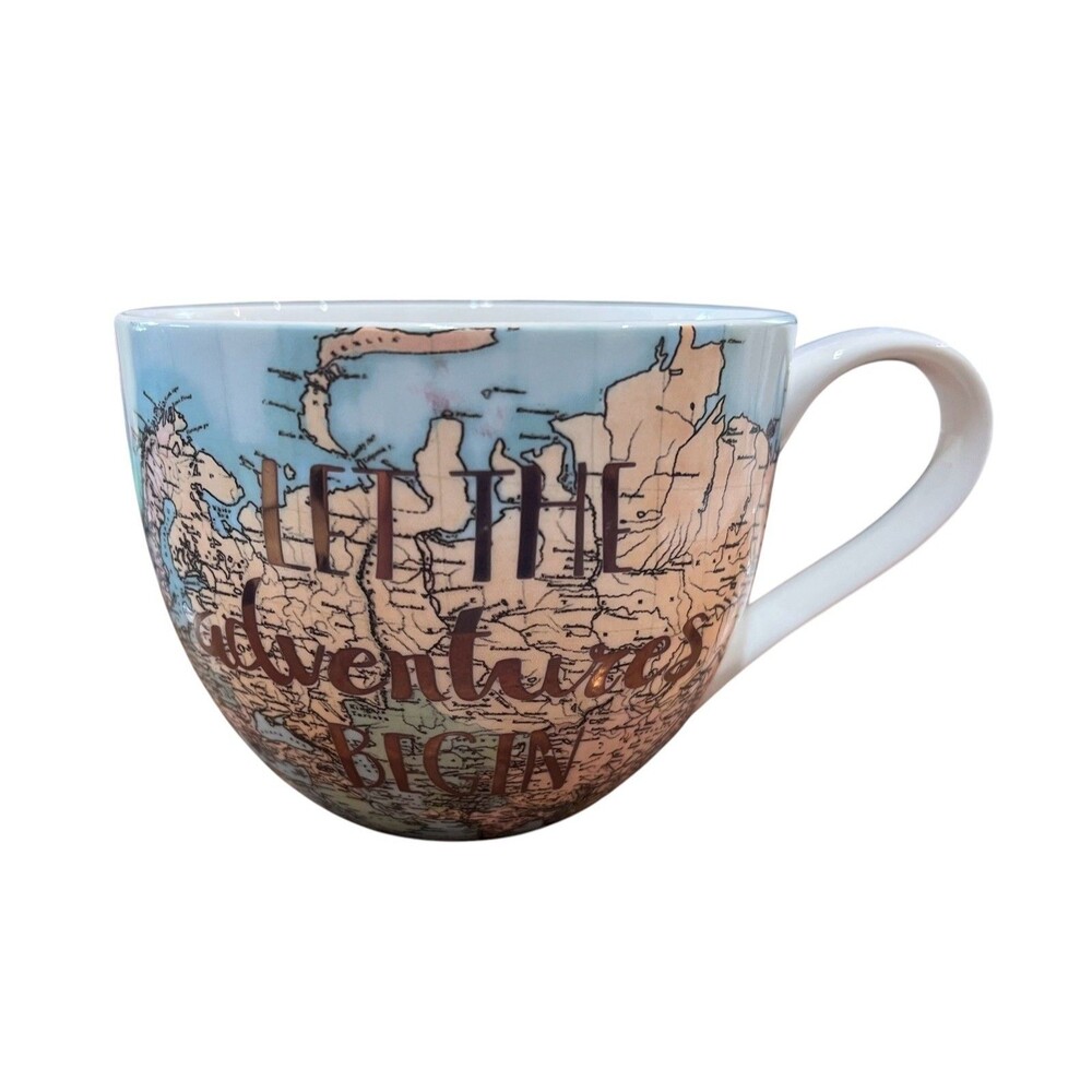 Portobello by Design "Let the Adventure Begin" Bone China Coffee Mug w World Map